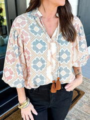 Bohemian Geometric Print Blouse with Tassel Tie