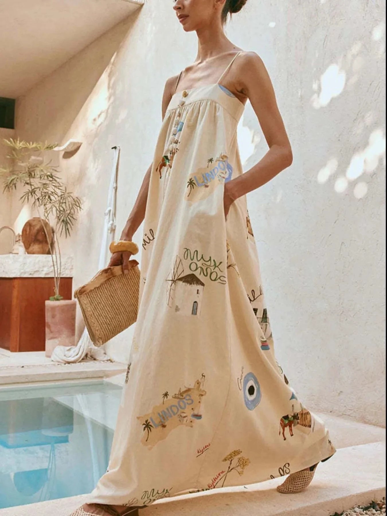 Bohemian Print Cami Maxi Dress with Pockets