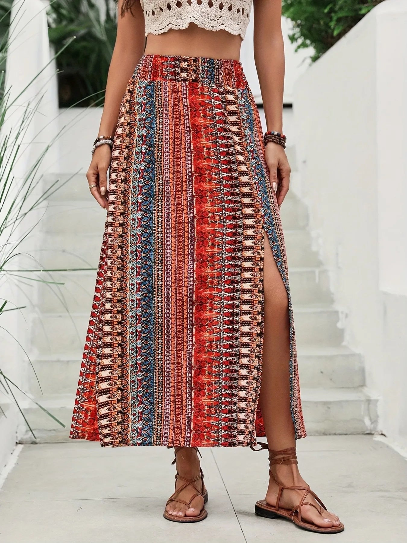 Bohemian Print Split Maxi Skirt