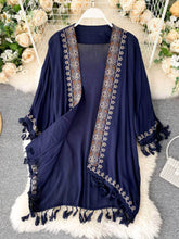 Bohemian Tassel Embroidered Kimono Robe MAX SIZE / Navy