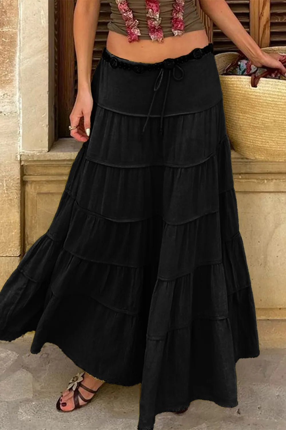 Bohemian Tiered Maxi Skirt with Drawstring Waist Black / S