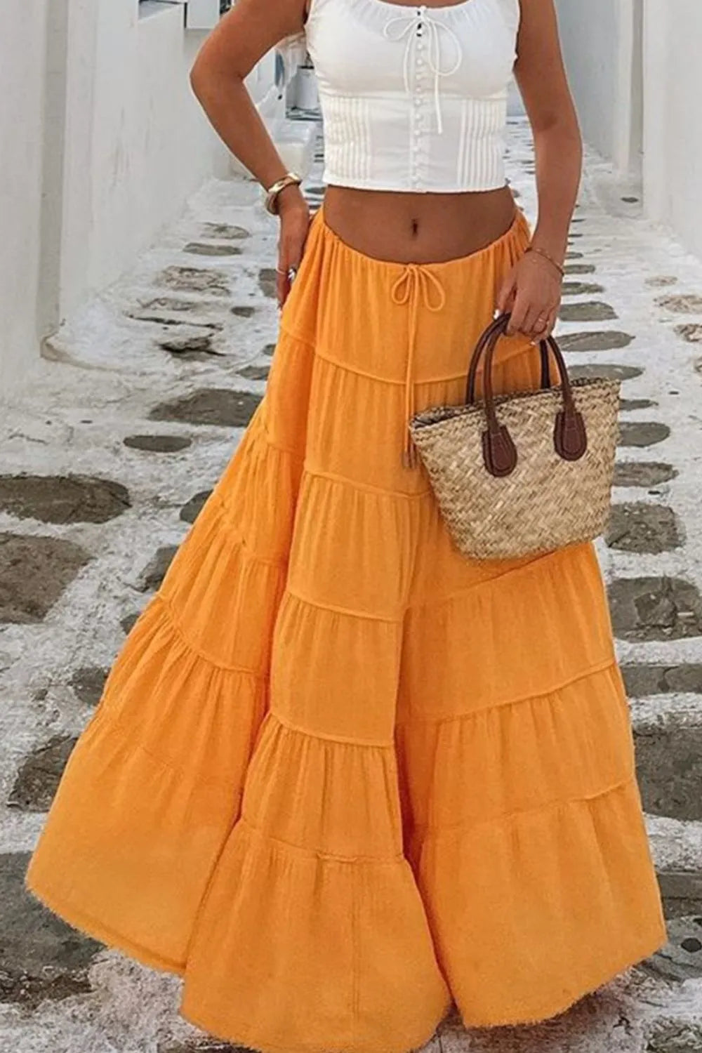 Bohemian Tiered Maxi Skirt with Drawstring Waist Tangerine / S