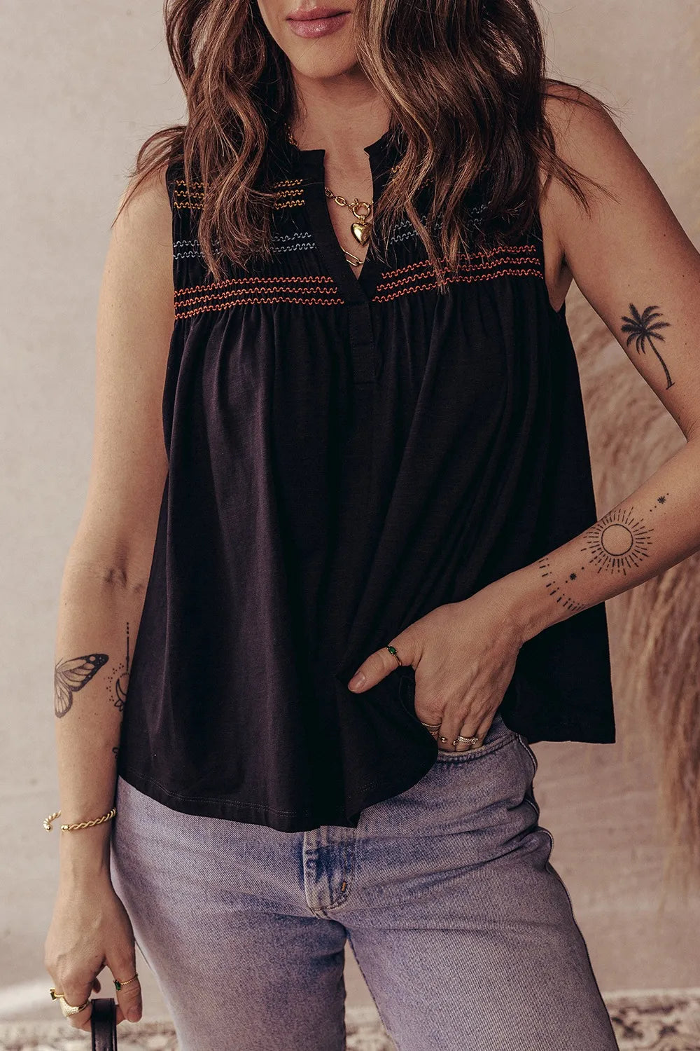 Boho Embroidered Sleeveless V-Neck Blouse Black / S