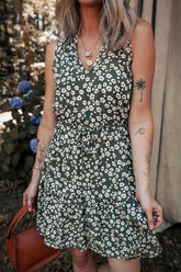 Boho Floral Print V Neck Tunic Sleeveless Dress Floral / S