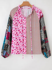 Boho Mixed Floral Drop Shoulder Bubble Sleeve Blouse