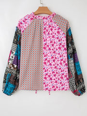 Boho Mixed Floral Drop Shoulder Bubble Sleeve Blouse