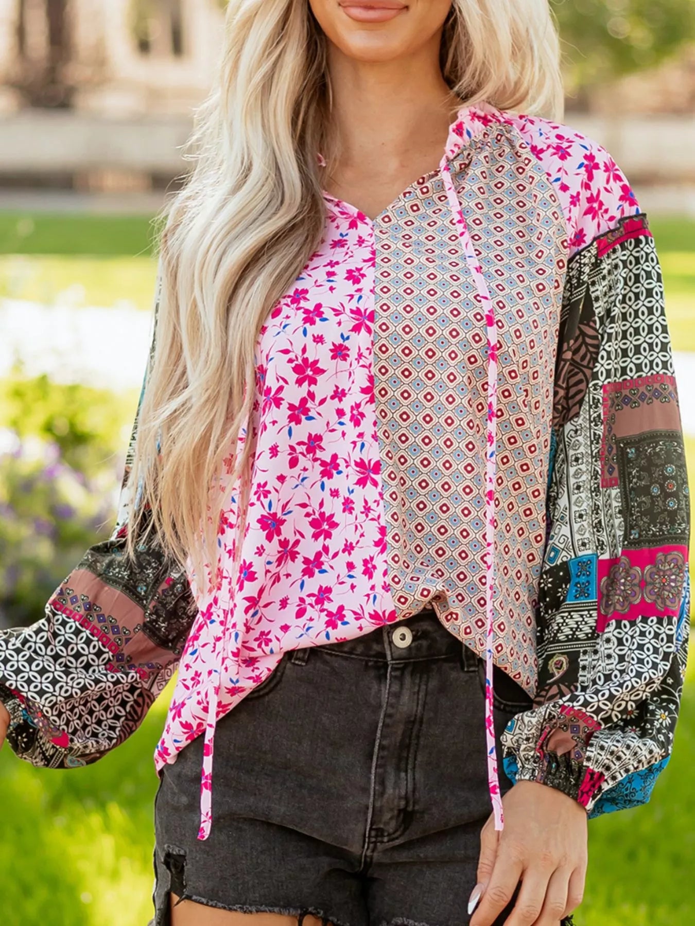 Boho Mixed Floral Drop Shoulder Bubble Sleeve Blouse