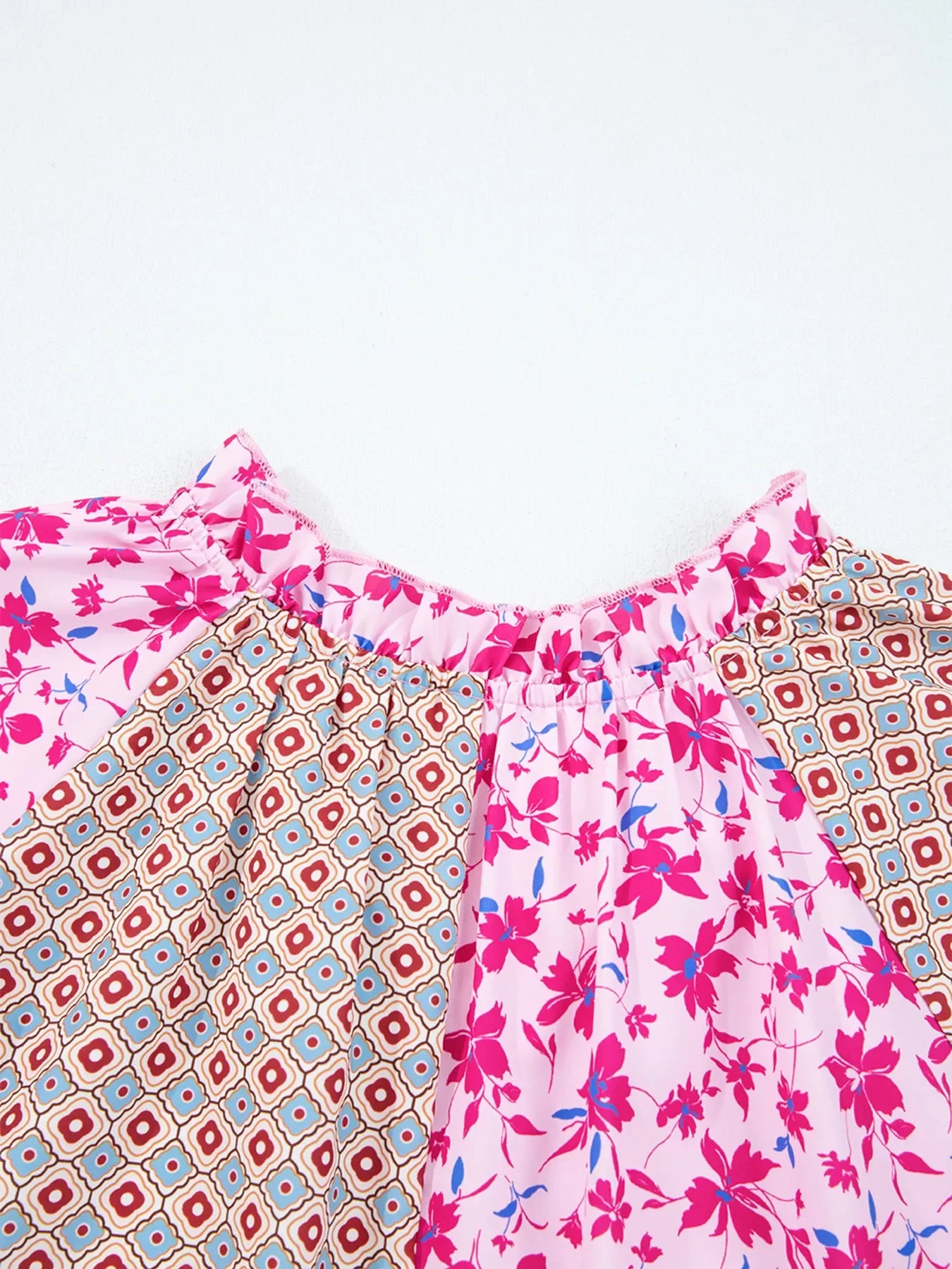 Boho Mixed Floral Drop Shoulder Bubble Sleeve Blouse