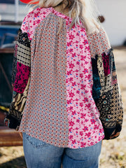 Boho Mixed Floral Drop Shoulder Bubble Sleeve Blouse
