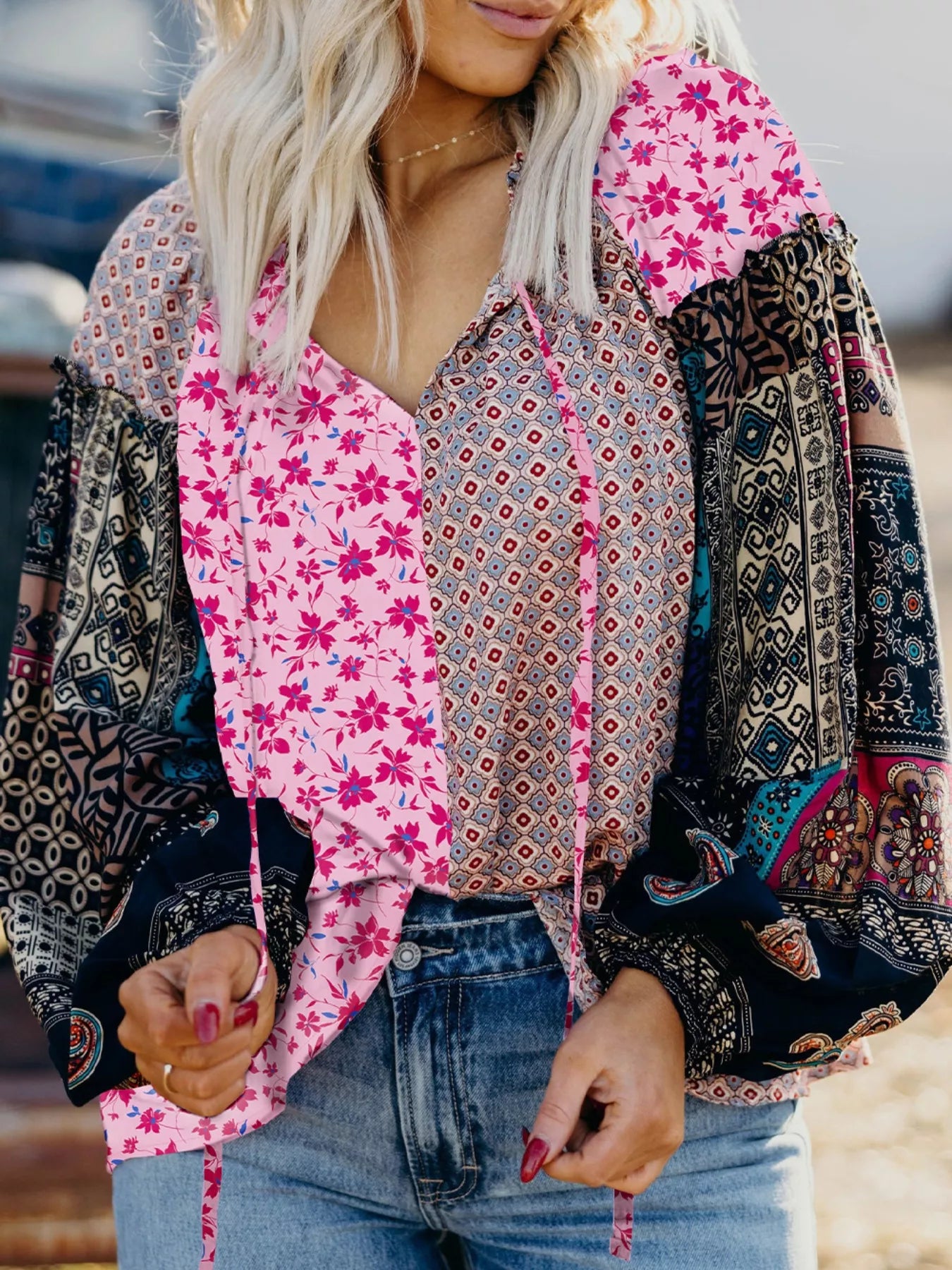 Boho Mixed Floral Drop Shoulder Bubble Sleeve Blouse