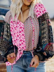 Boho Mixed Floral Drop Shoulder Bubble Sleeve Blouse