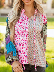 Boho Mixed Floral Drop Shoulder Bubble Sleeve Blouse Fuchsia Pink / S
