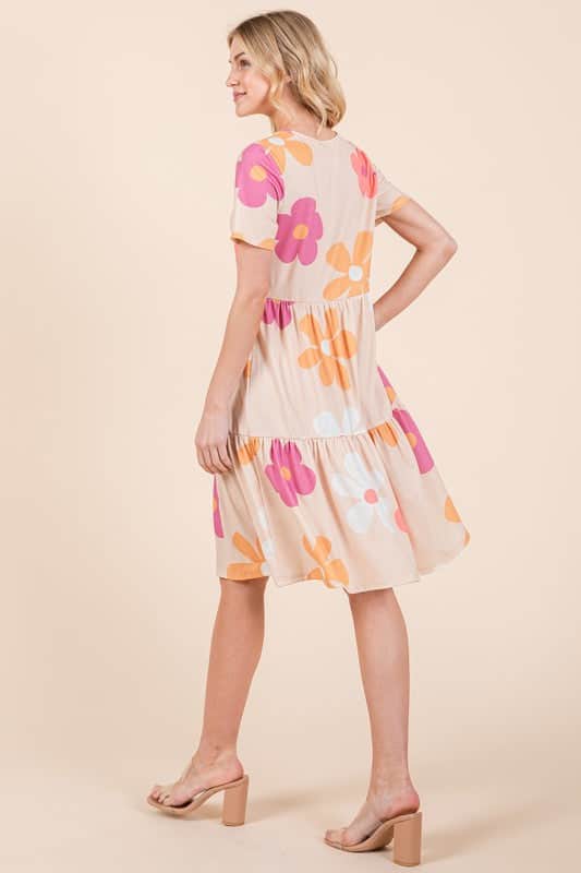 BOMBOM Floral Round Neck Short Sleeve Tiered Dress