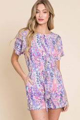 BOMBOM Print Short Sleeve Romper with Pockets Plum / S