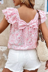 Bow Back Printed Ruffled Cap Sleeve Blouse Blush Pink / S