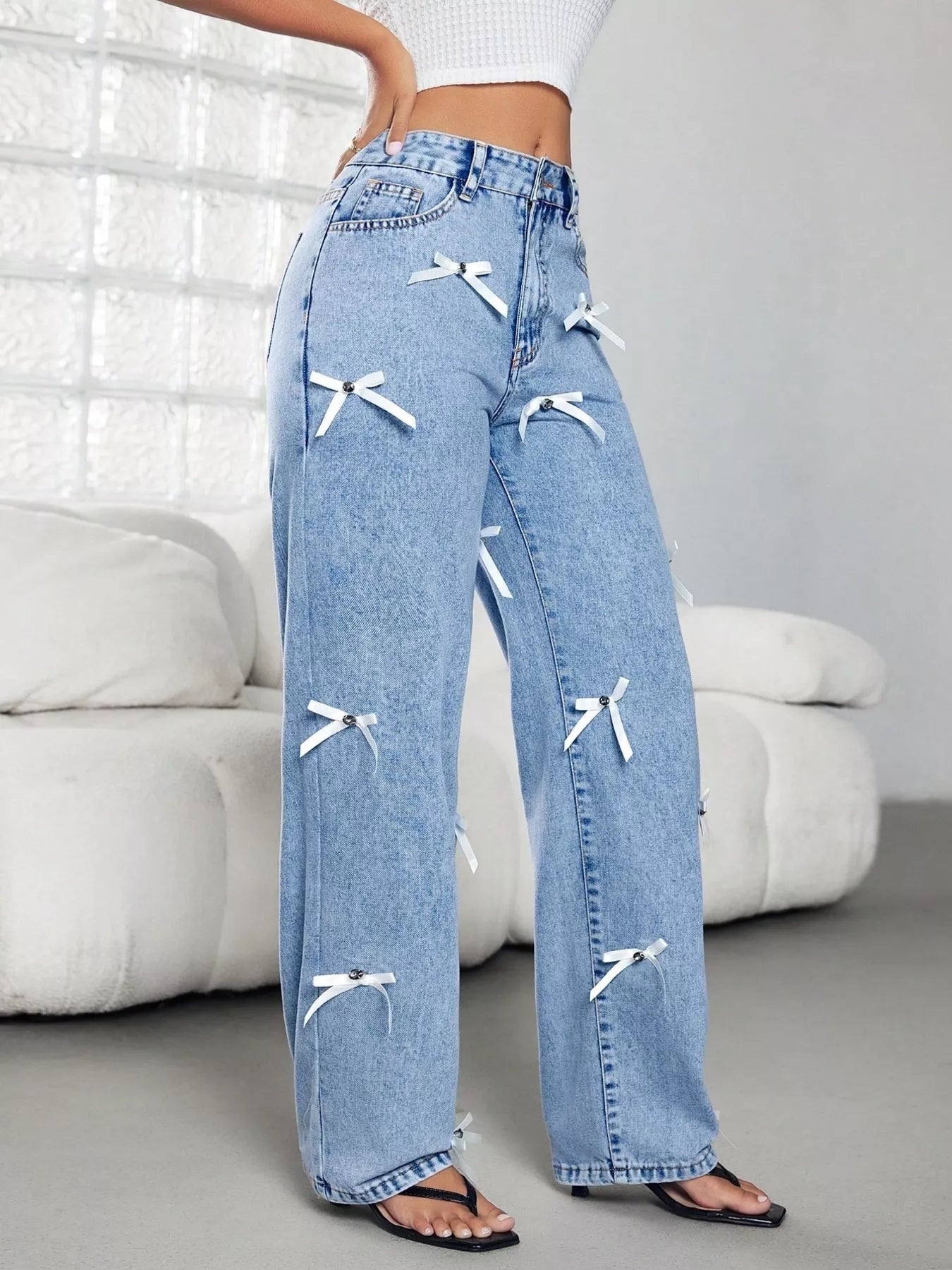 Bow Decor High Waist Wide Leg Jeans Blue / XS