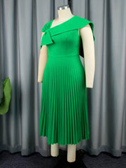 Bow Detail Cape Sleeves Pleated Dress