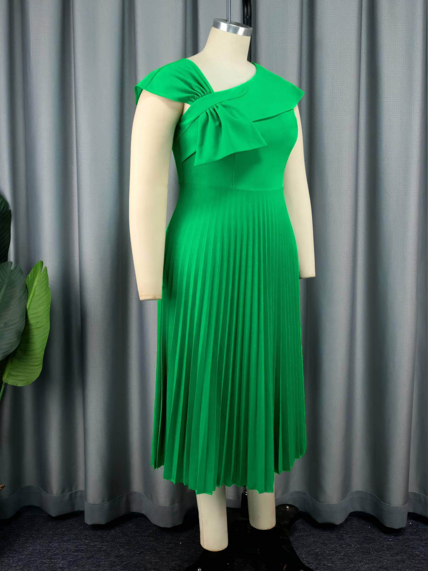 Bow Detail Cape Sleeves Pleated Dress