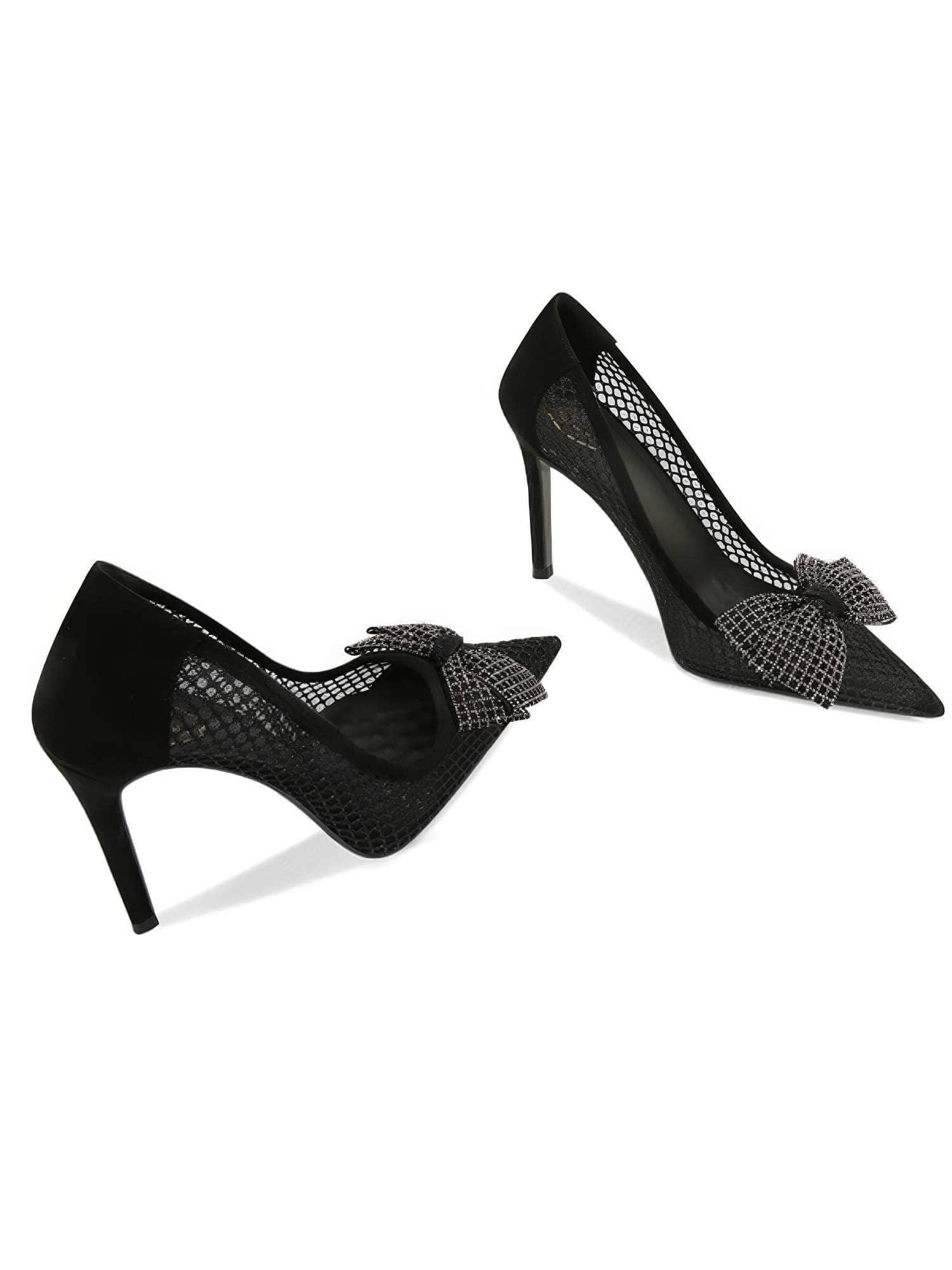 Bow Detailed Lace Mesh Pointy Toe Heels