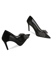 Bow Detailed Lace Mesh Pointy Toe Heels
