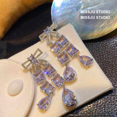 Bow Detailed Tassel Crystal Dangle Earrings White