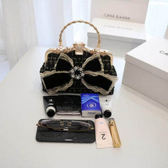 Bow Embellished Rhinestone Decorated Metallic Handle Purse
