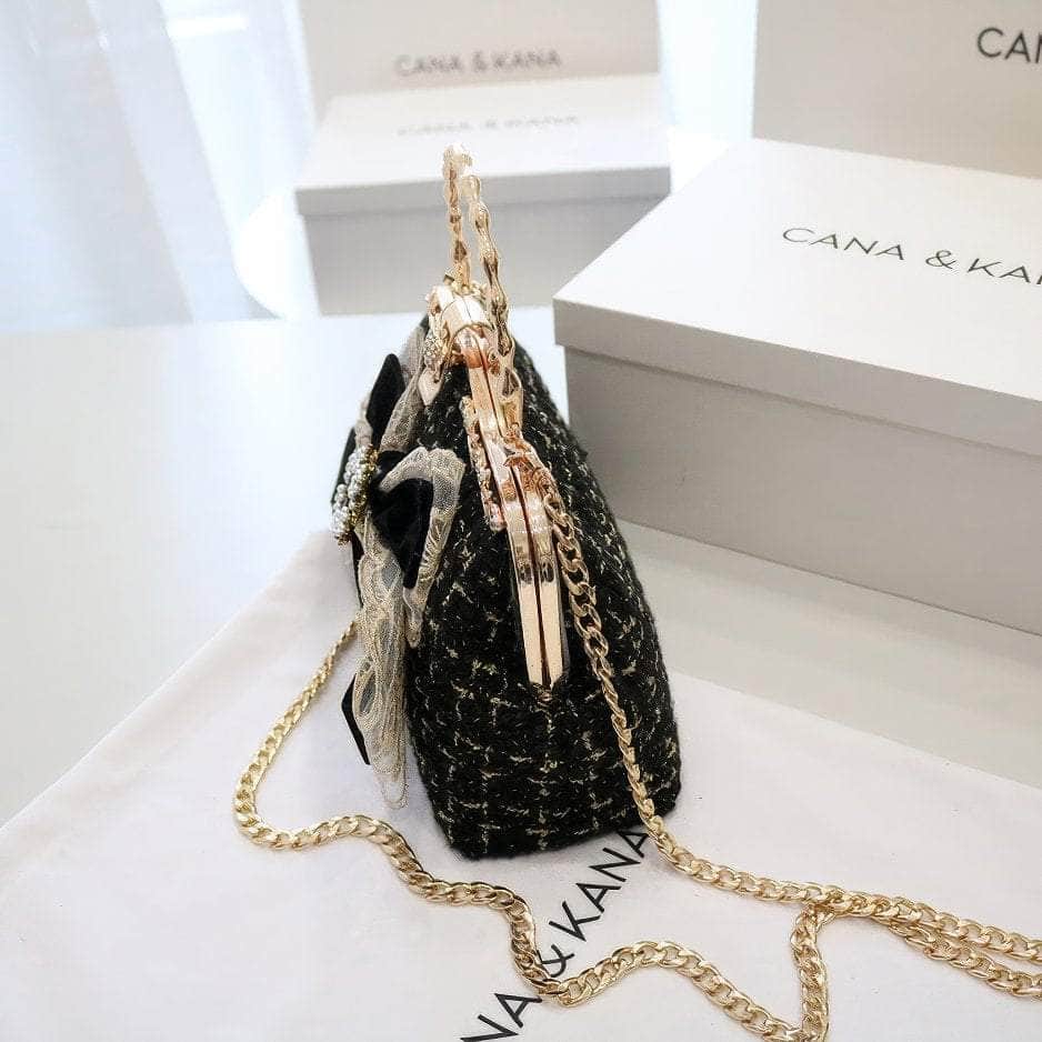 Bow Embellished Rhinestone Decorated Metallic Handle Purse