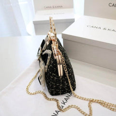 Bow Embellished Rhinestone Decorated Metallic Handle Purse