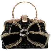 Bow Embellished Rhinestone Decorated Metallic Handle Purse