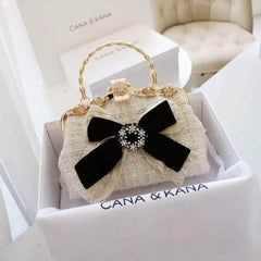 Bow Embellished Rhinestone Decorated Metallic Handle Purse White