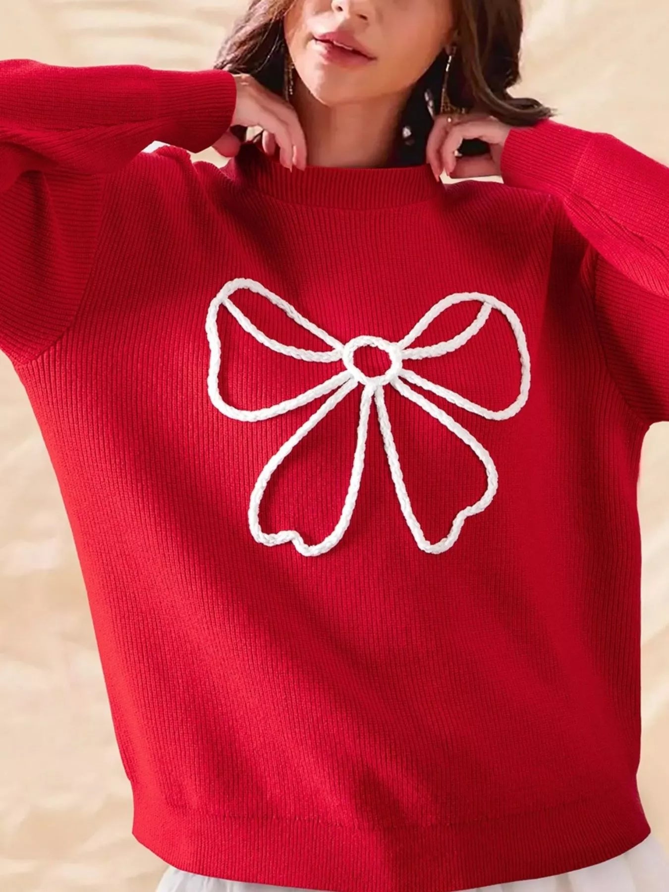 Bow-Embellished Ribbed Sweater