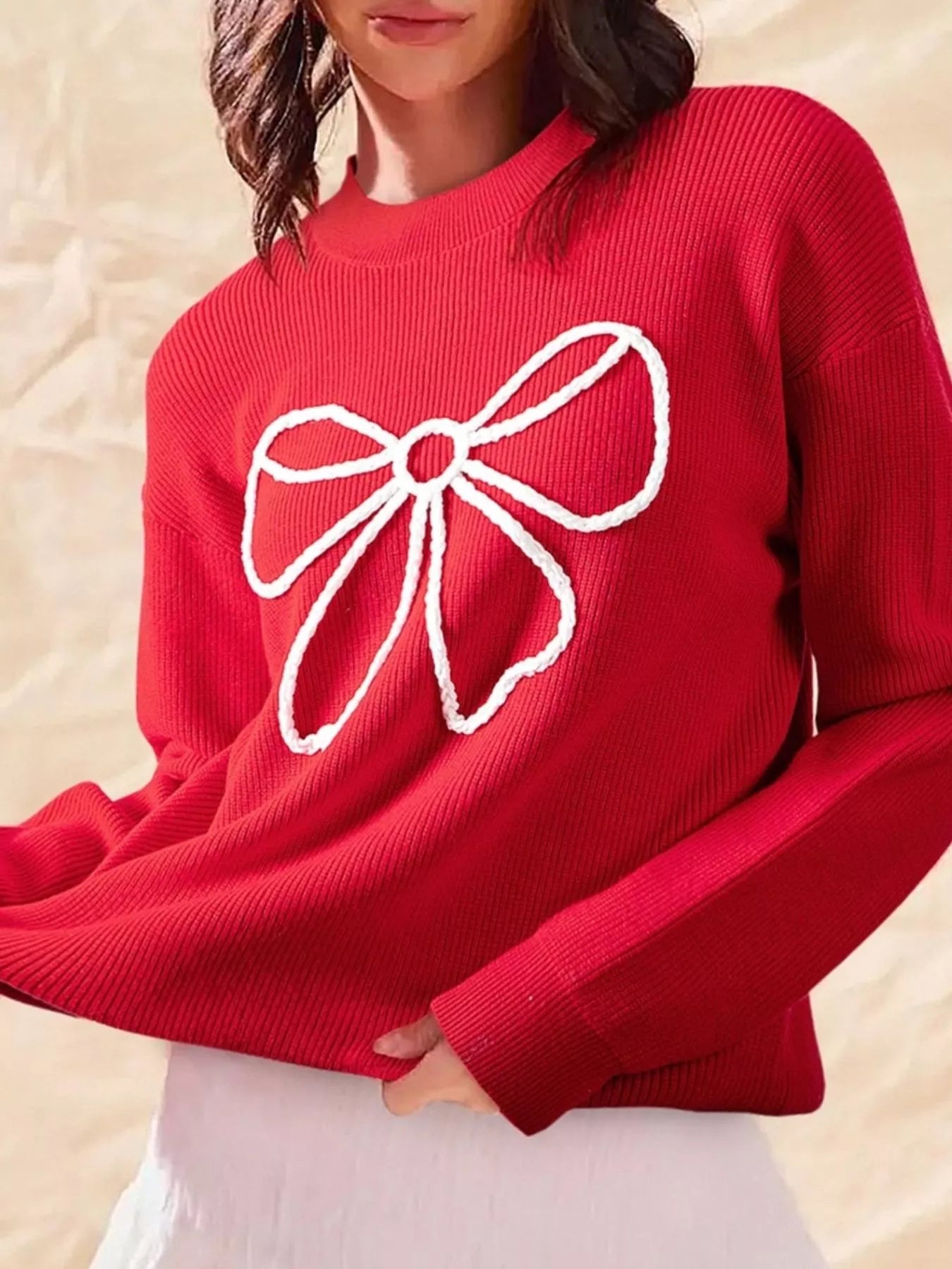 Bow-Embellished Ribbed Sweater