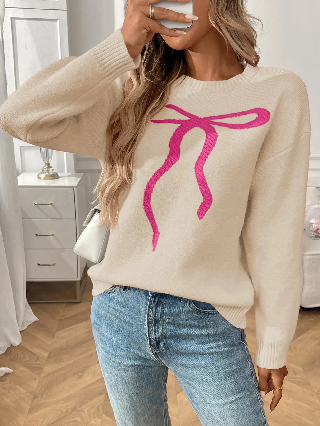 Bow Graphic Ribbed Hem Round Neck Sweater