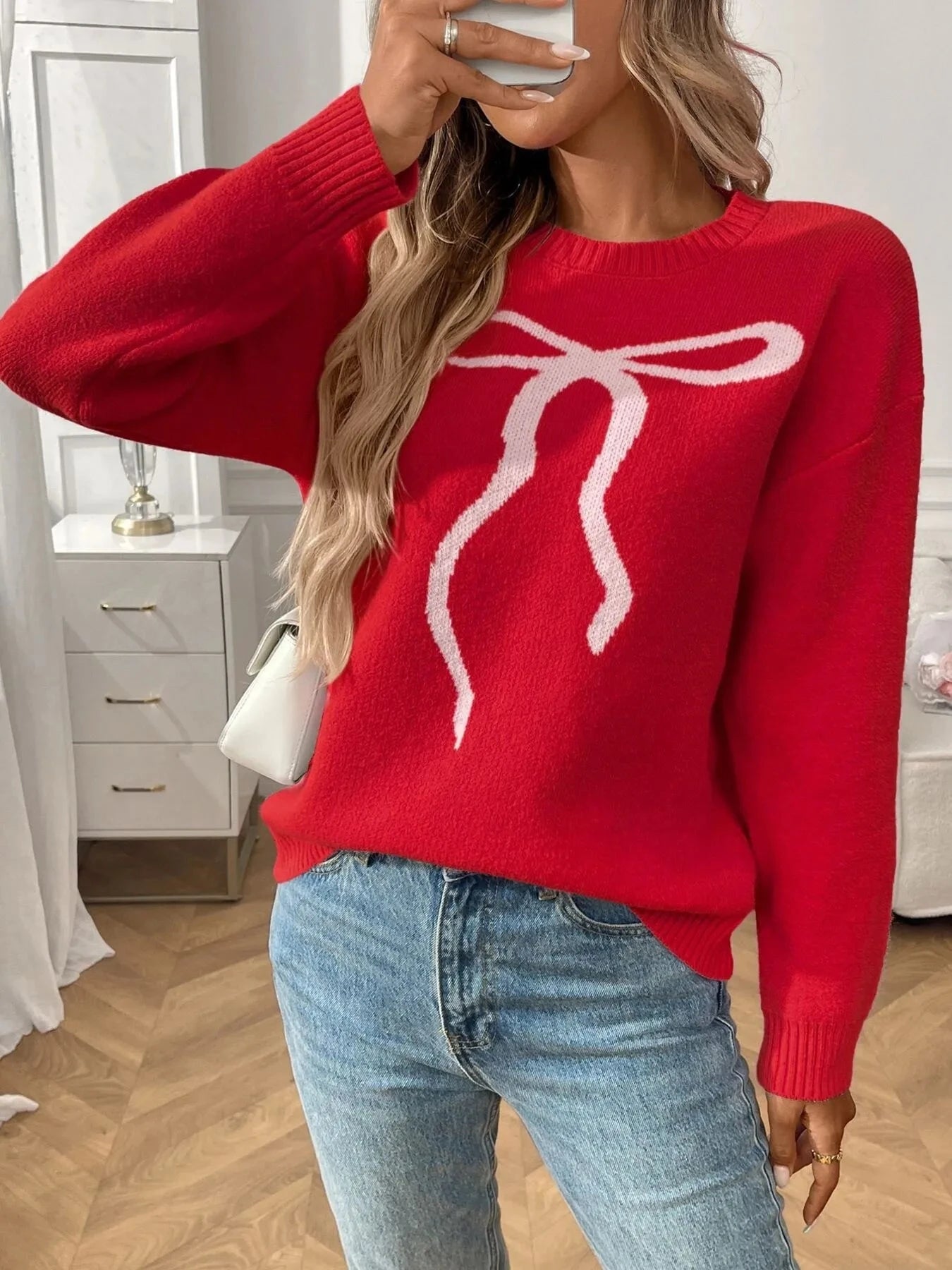 Bow Graphic Ribbed Hem Round Neck Sweater Red / S