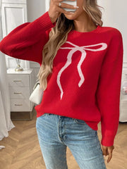 Bow Graphic Ribbed Hem Round Neck Sweater Red / S