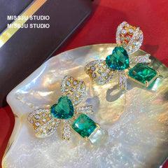 Bow Knot Heart Shaped Deco Emerald Stud Earrings Green
