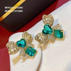 Bow Knot Heart Shaped Deco Emerald Stud Earrings Green
