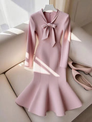Bow-Knot Long Sleeve Mermaid Dress Dusty Pink / S