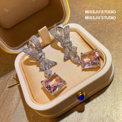 Bow Knot Pink Sapphire Dangle Earrings Pink