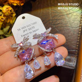 Bow Knot Square Tear Drop Heart Deco Dangle Crystal Earrings Pink