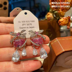Bow Knot Square Tear Drop Heart Deco Dangle Crystal Earrings Pink