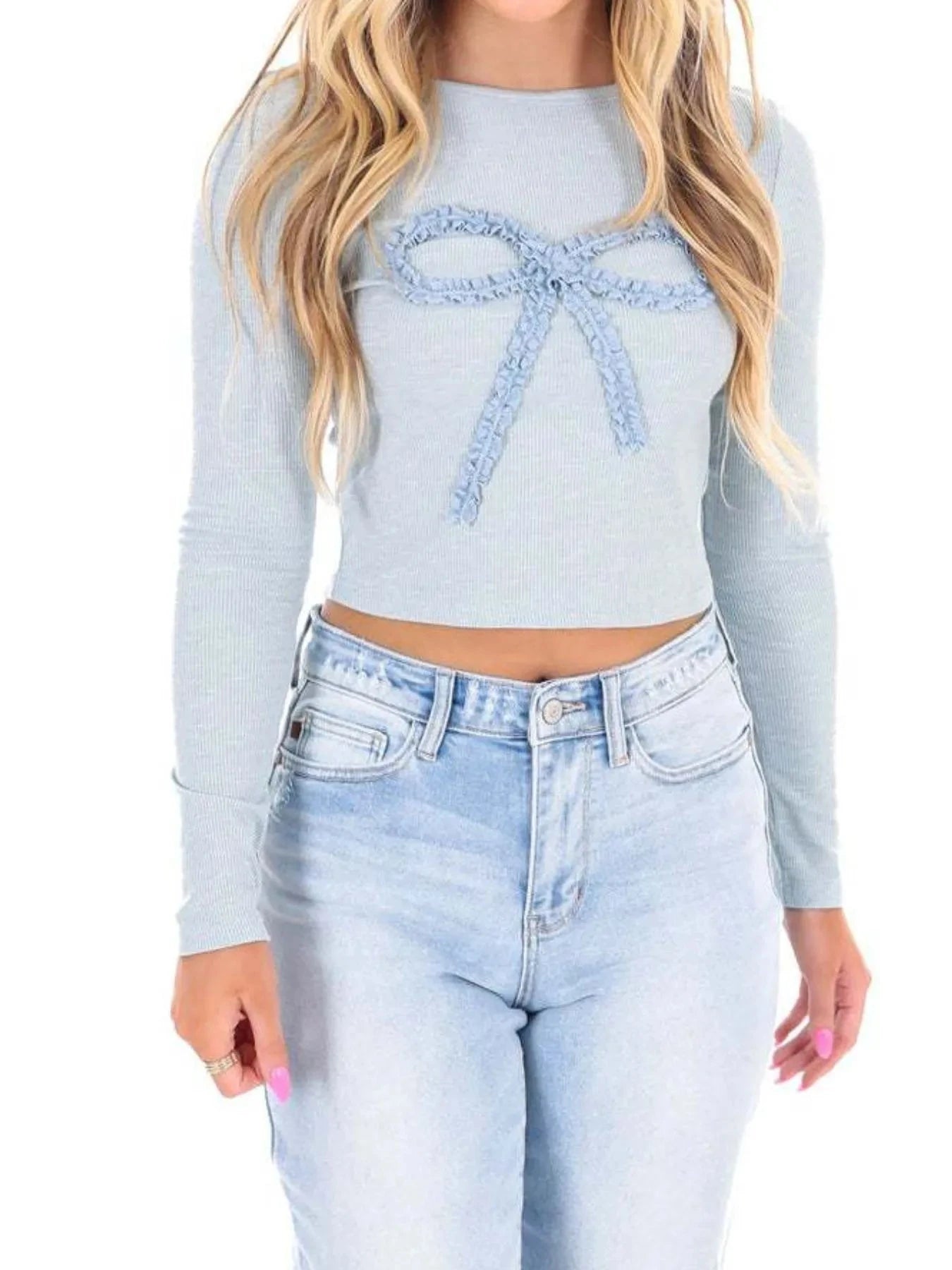 Bow Long Sleeve Fitted T-Shirt
