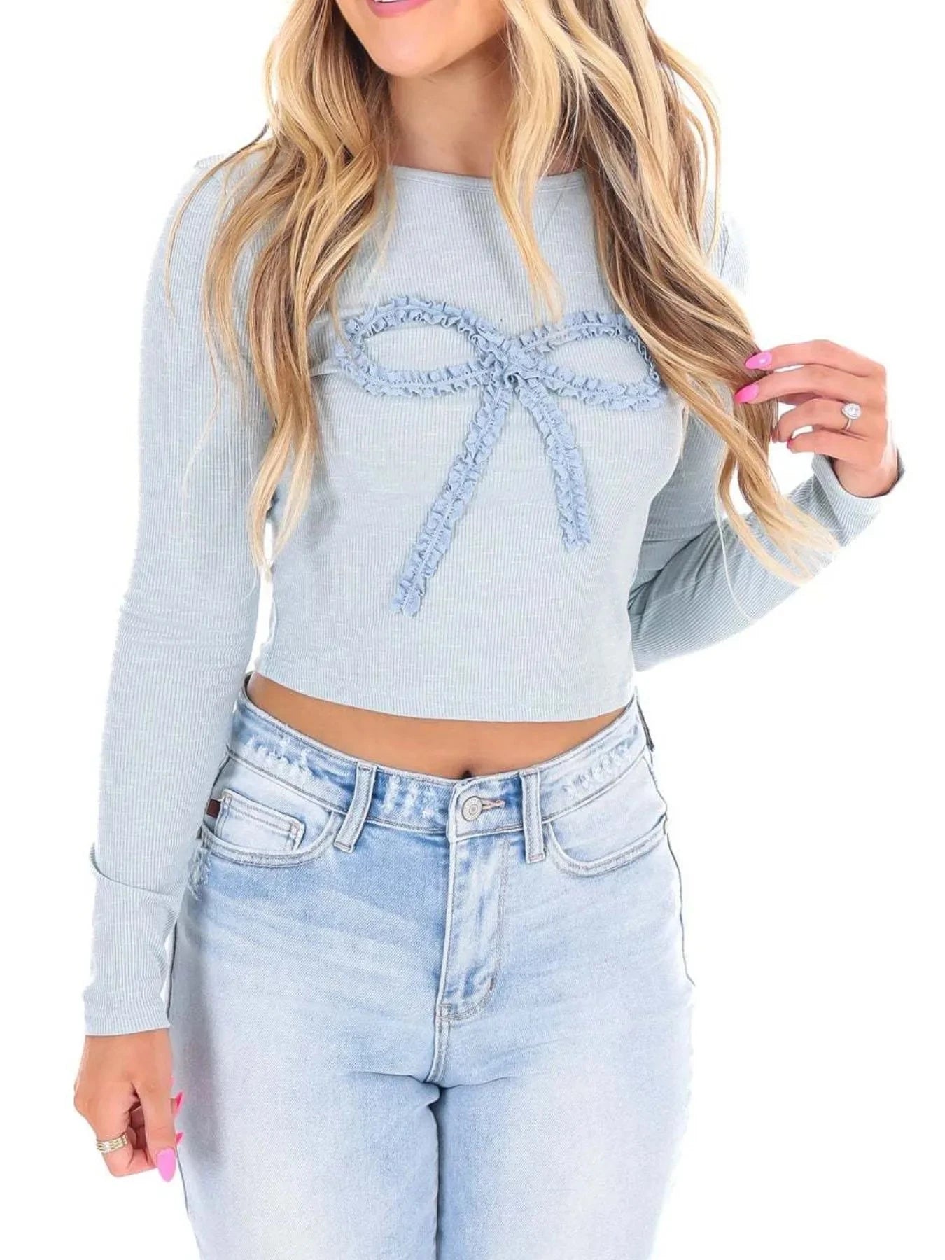 Bow Long Sleeve Fitted T-Shirt