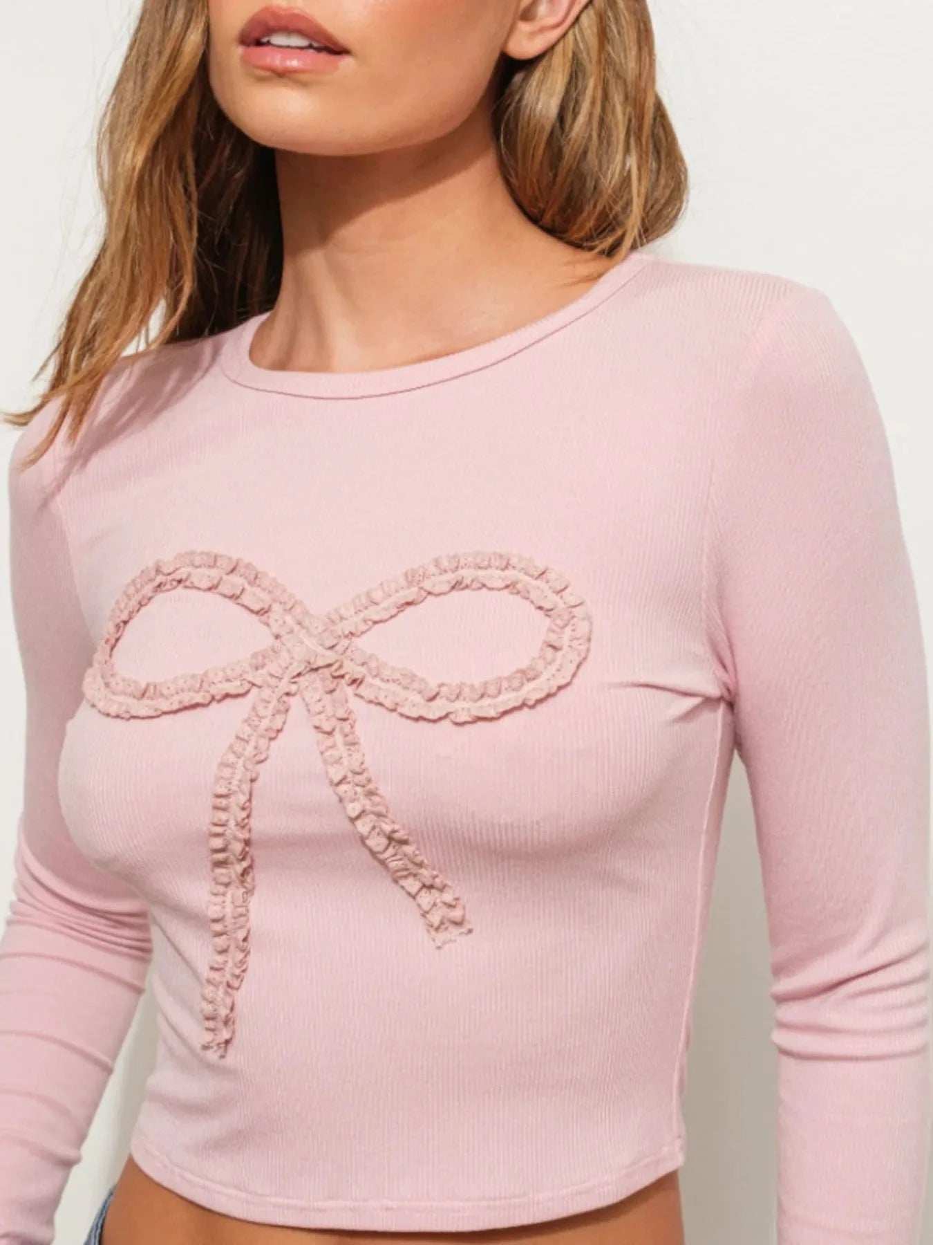 Bow Long Sleeve Fitted T-Shirt