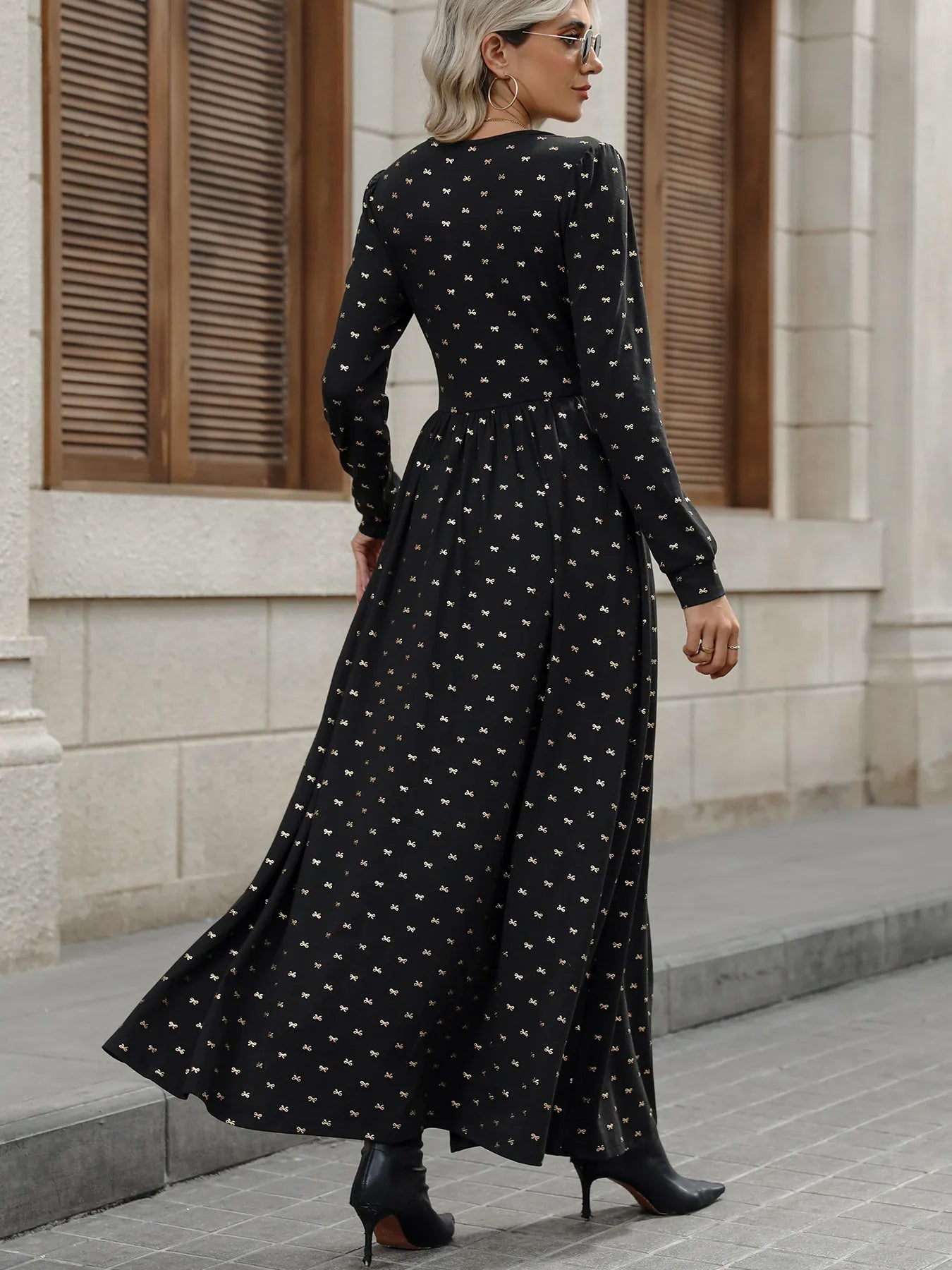 Bow Long Sleeve V-Neck Maxi Dress
