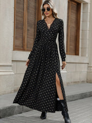 Bow Long Sleeve V-Neck Maxi Dress