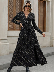 Bow Long Sleeve V-Neck Maxi Dress Black / S