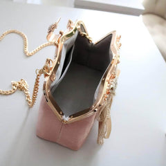 Bow Mesh Detailed Crystal Tassel Diamond Purse LightPink