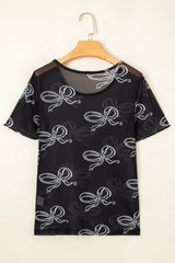 Bow Mesh Round Neck Short Sleeve T-Shirt