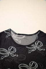 Bow Mesh Round Neck Short Sleeve T-Shirt